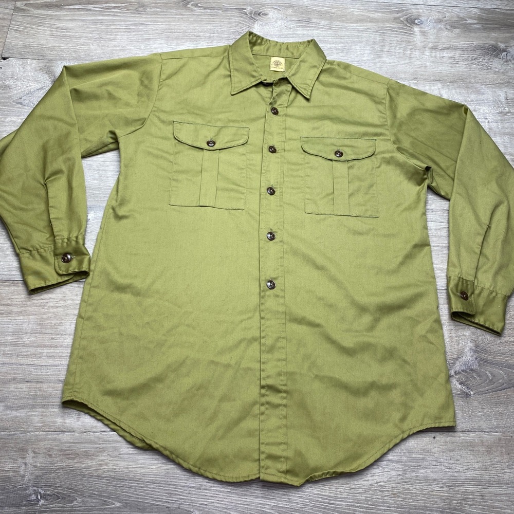 Boy Scouts of America Shirt Mens 15.5 Green Long Sleeve Cotton Twill Vintage BSA